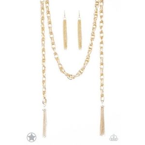 gold long chain and gold drop earrings
